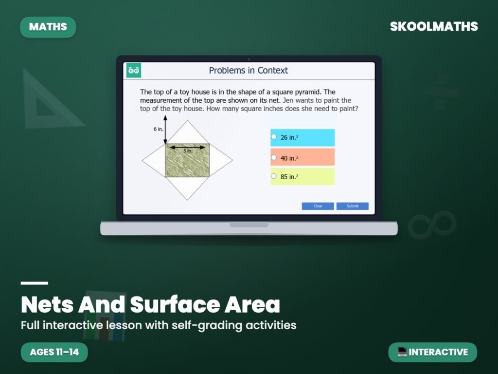 Nets And Surface Area Learning — Interactive Lesson (Ages 12–13)
