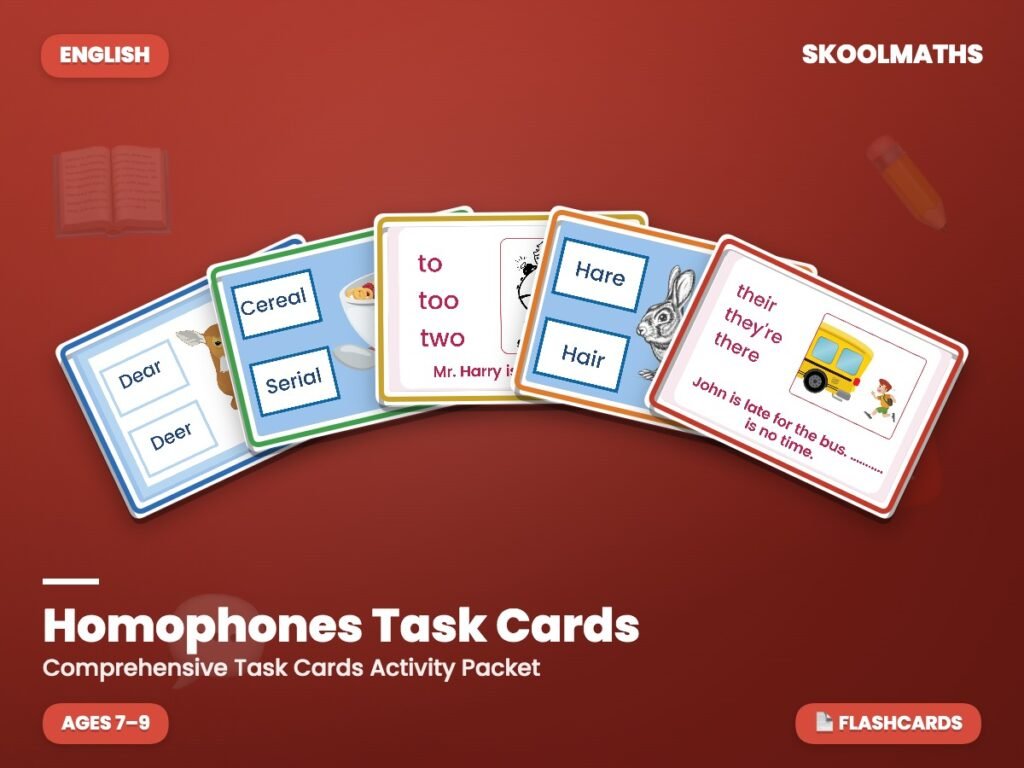 Homophones Task Cards — Activities (Ages 7–9)