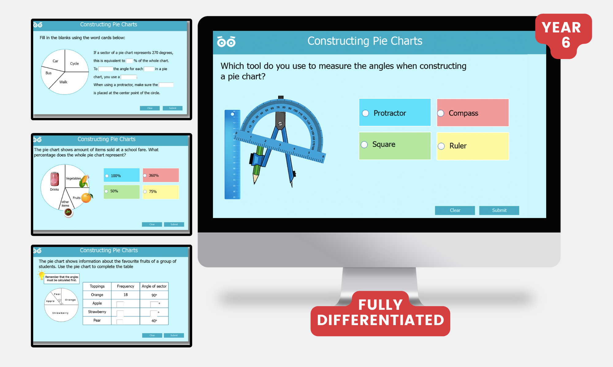 constructing pie charts digital activities for grade 5 and year 6