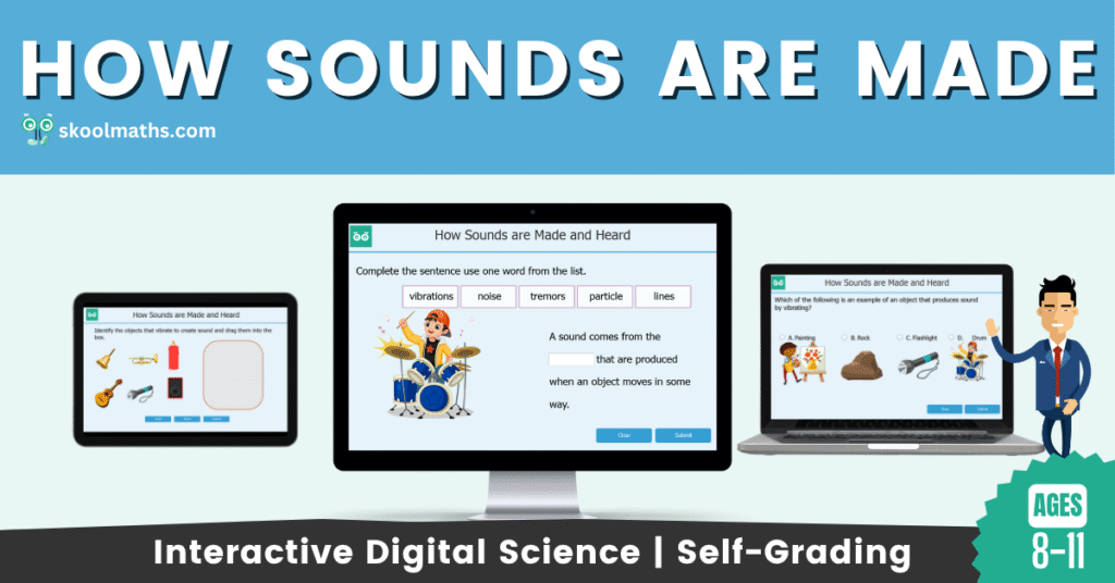 Year 4 interactive digital science lesson on how sounds are made with self-grading activities
