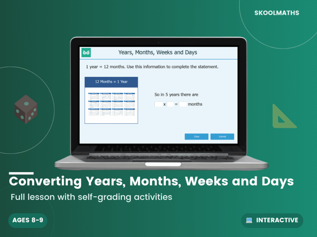 Converting Years, Months, Weeks and Days: Year 4 Maths Interactive Lesson & Time Activities