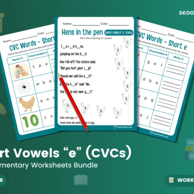 CVC Words: Short e — Worksheets Packet (Ages 5–6)