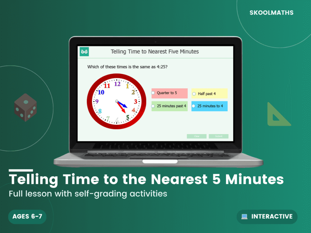 Telling Time to the Nearest 5 Minutes: Year 2 Maths Interactive Lesson & Time Activities
