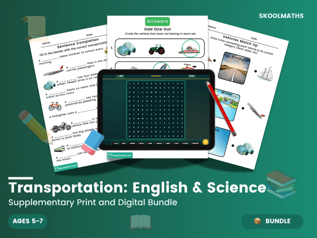 Transportation: KS1 English & Science Worksheet Bundle with Digital Games & Display
