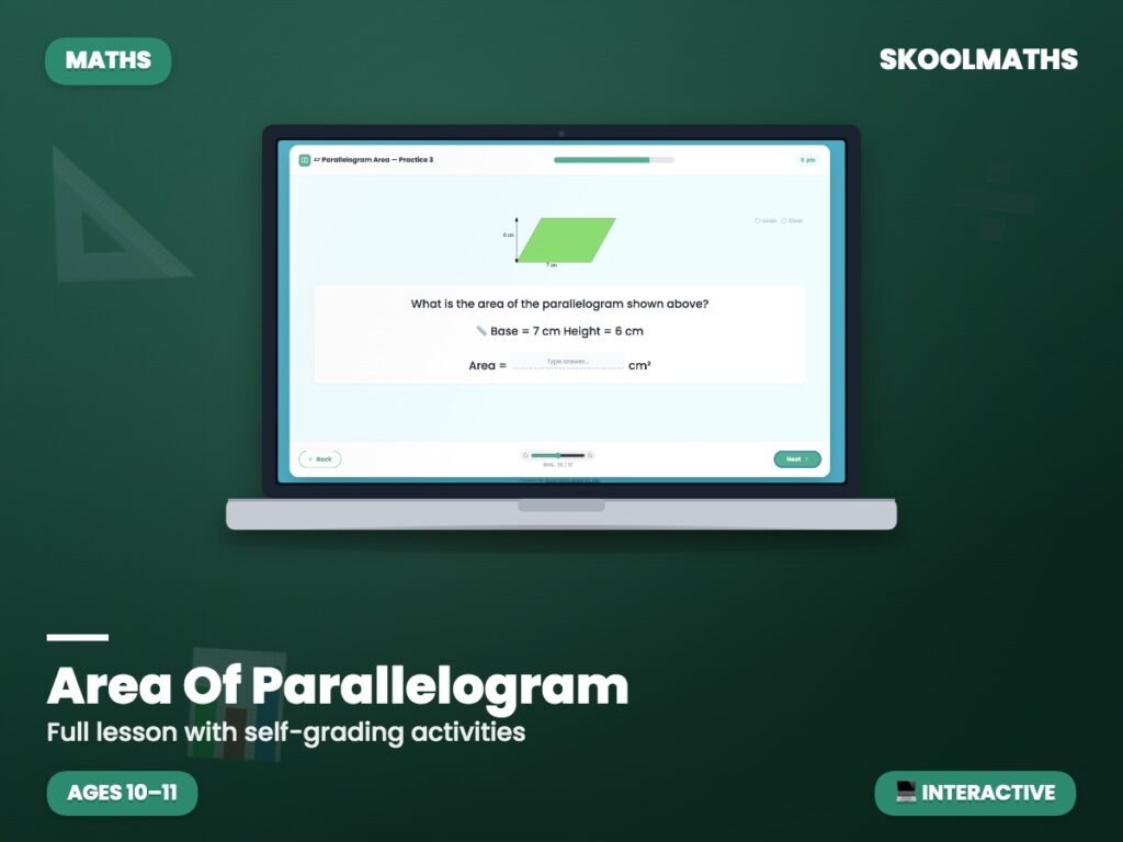 Area Of Parallelogram — Interactive Lesson (Ages 10–11)