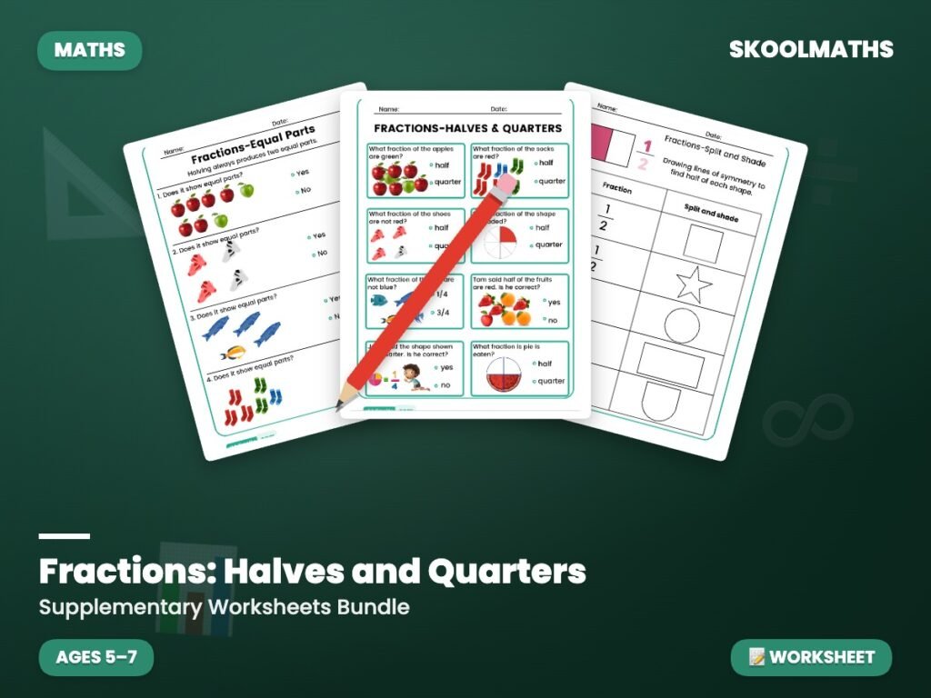 Fractions: Halves and Quarters — Worksheet Packet (Year 1)