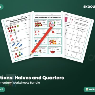 Fractions: Halves and Quarters — Worksheet Packet (Year 1)