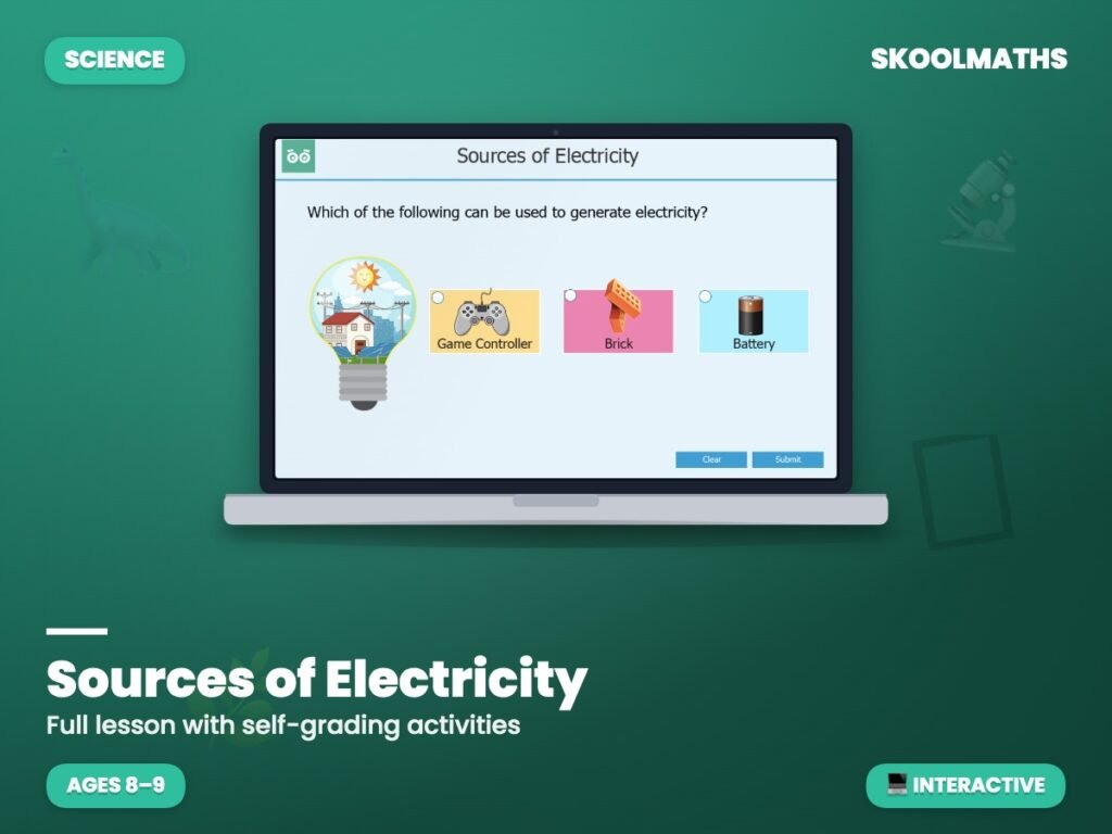 Sources of Electricity — Interactive Lesson (Ages 8–9)