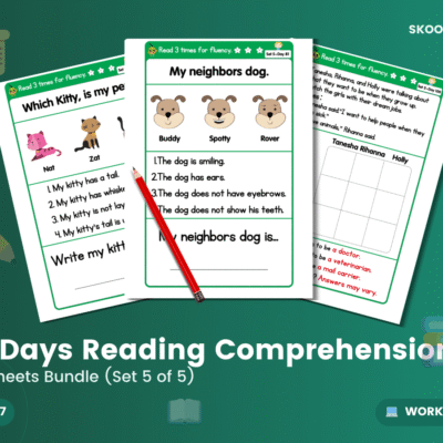 100 Days of Reading Comprehension: Set 5 (Days 81–100) — Worksheets (Ages 5–6)