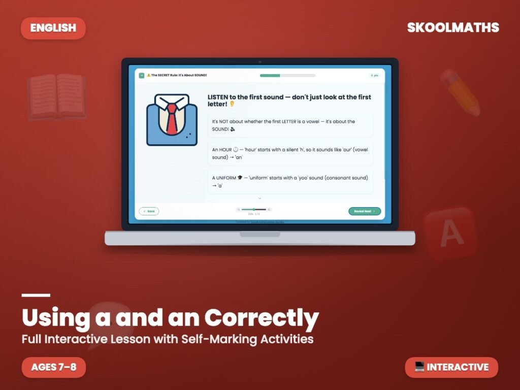 Using a and an Correctly — Interactive Lesson (Ages 7–8)