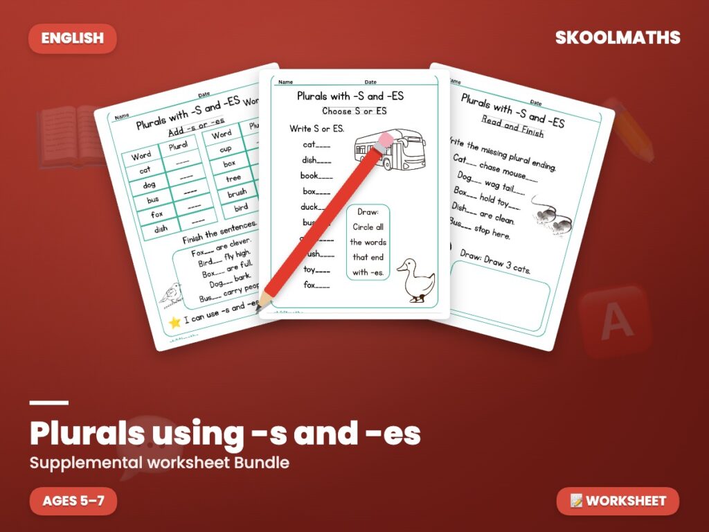 Plurals using -s and -es — Worksheet Packet (Ages 5–7)