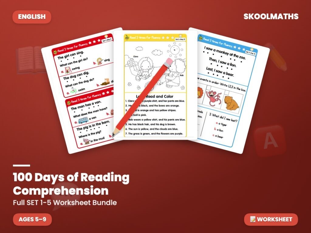 100 Days of Reading Comprehension: Set 1-5 Bundle — Worksheets (Ages 5–6)