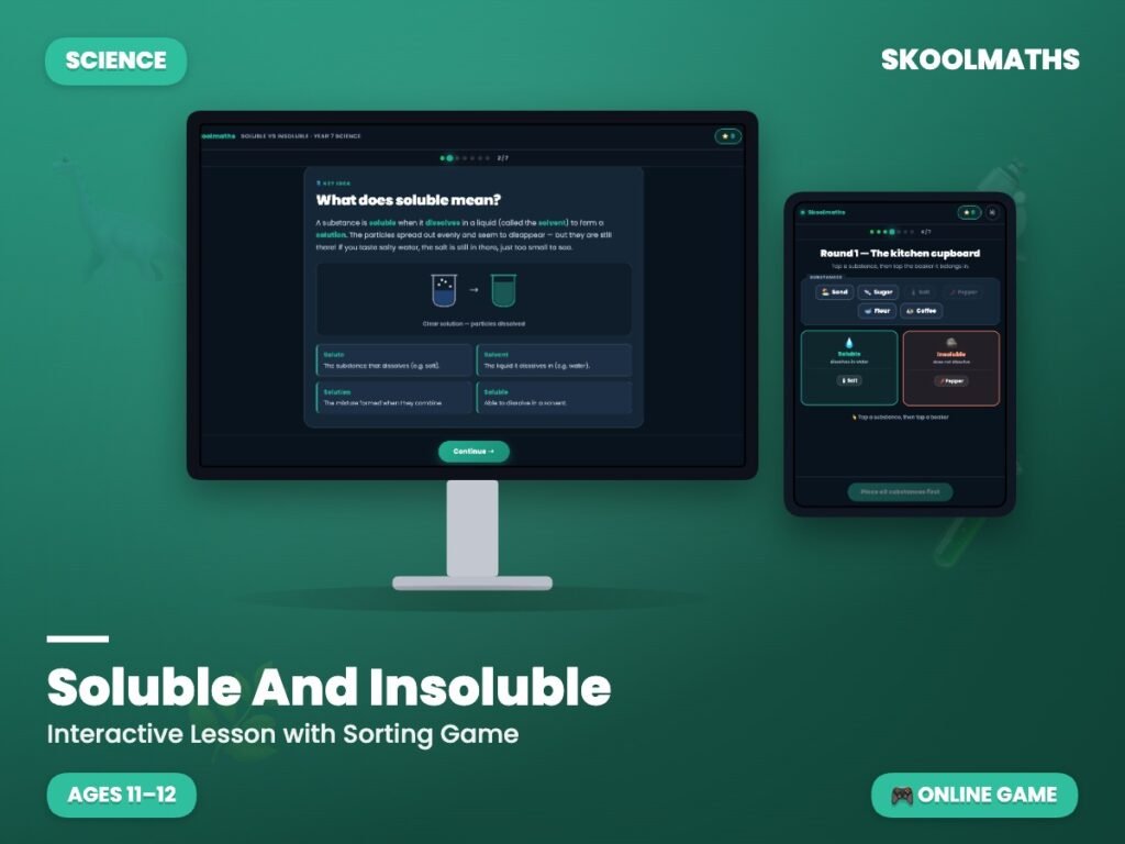 Soluble vs Insoluble: Lesson & Game — Interactive Lesson with Sorting Game